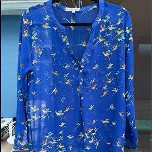 Sheer Swallow-tailed Bird Print on Royal Blue Top